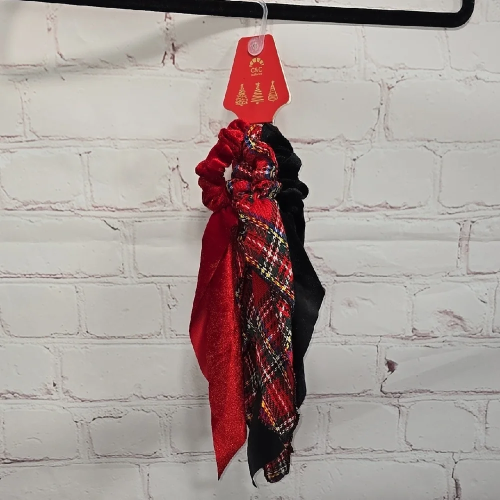 C&C Red, Black and Plaid 3pc Scrunchie Set NWT
